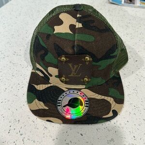 Hat with up-cycled Louis Vuitton patch